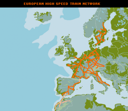 شبكة القطارات السريعة الحالية (اللون البرتقالي) و المستقبلية (اللون الأصفر)